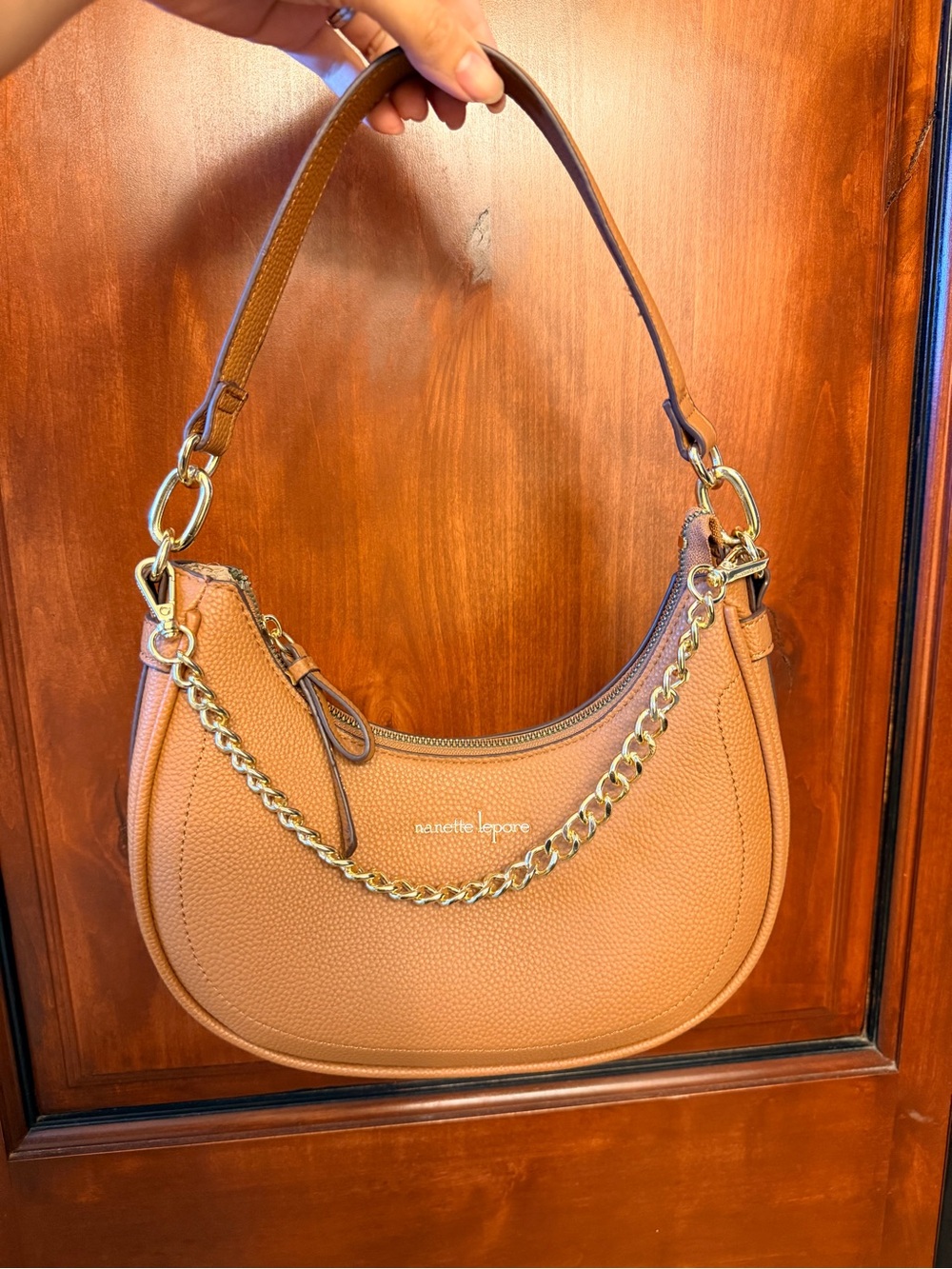 Nanette Lepore Cognac Pebbled Leather Shoulder Bag with Gold Chain